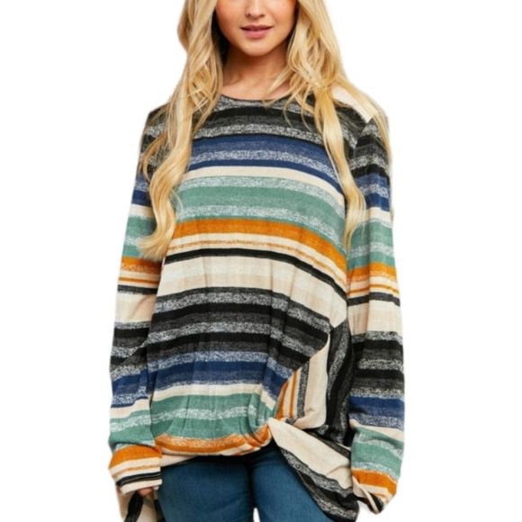 Multi Stripe Twist Hem Long Sleeve Blouse. Plus sizes 1X-3X - Picture 4 of 12